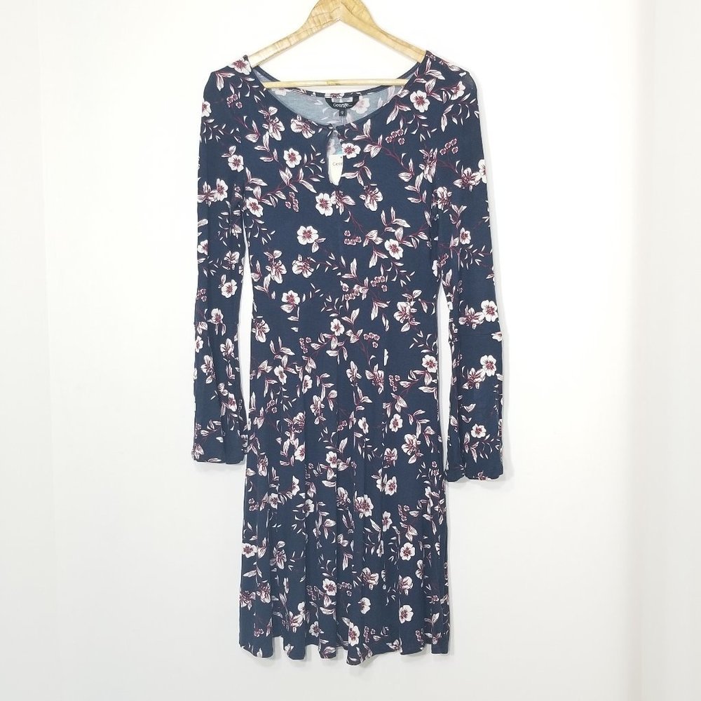 💕 George NEW Blue Burgundy Floral Print A-Line Long Bell Sleeve Dress XS NWT